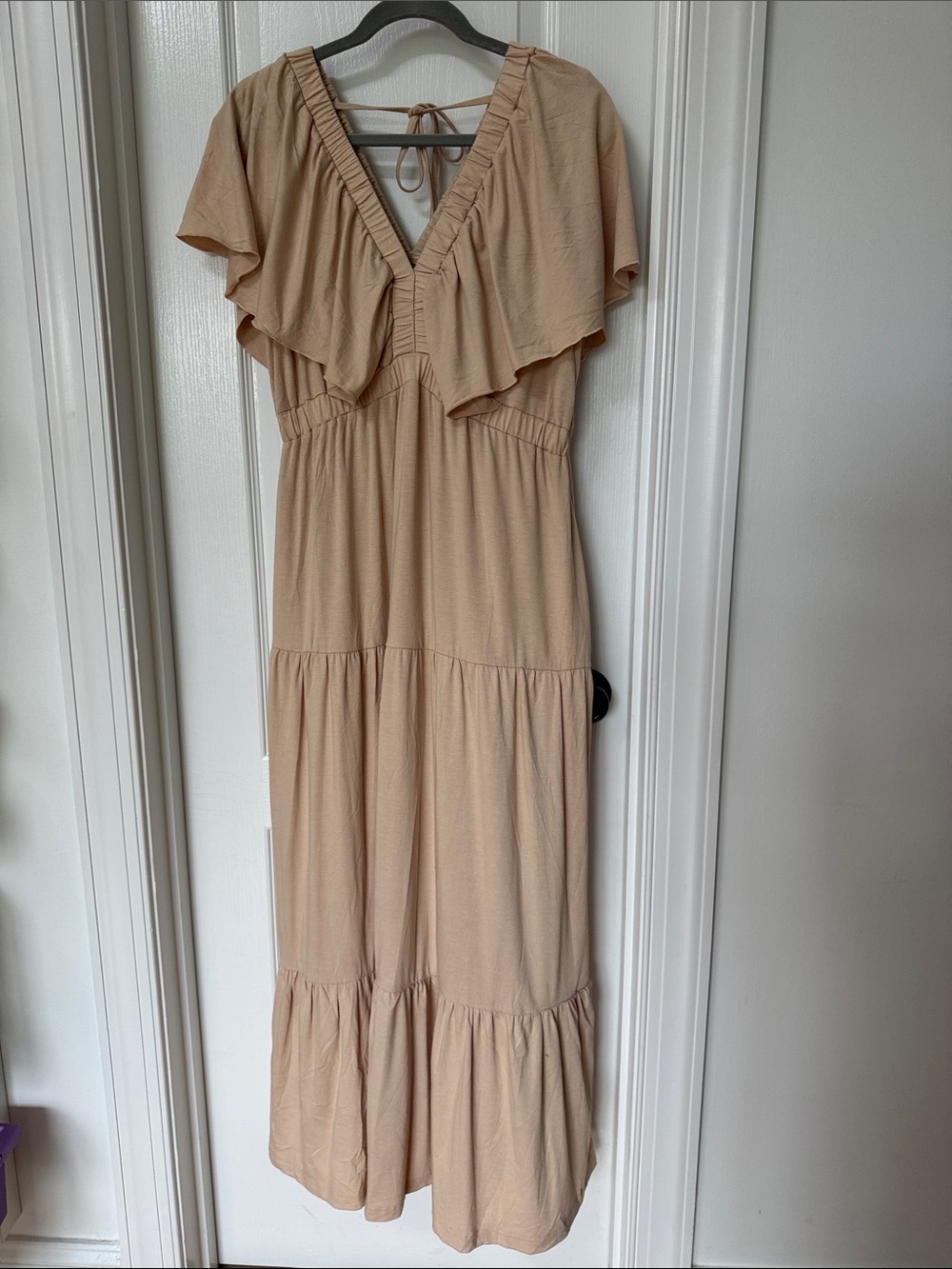 Neutral Beige Ruffle V-Neck Maxi Dress